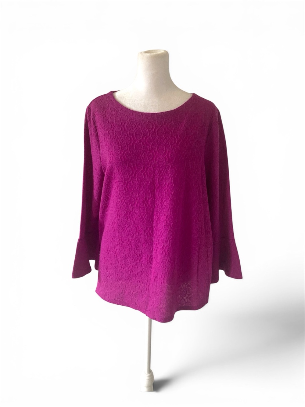 LOFT Large Purple Textured Scoop-Neck Long Bell Sleeve Top